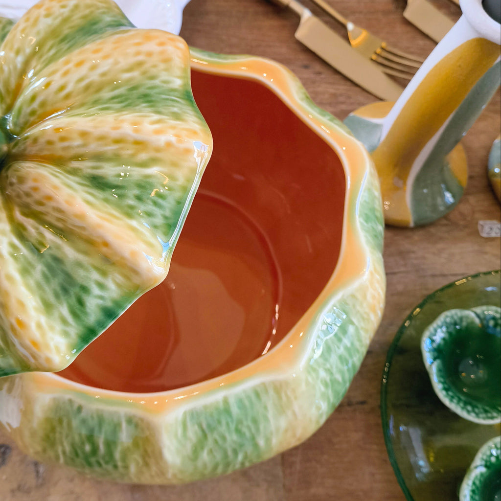 Bordallo Pinheiro pumpkin tureen open, showing the orange glazed interior