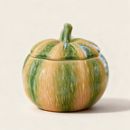 Bordallo Pinheiro glazed earthenware pumpkin-shaped lidded tureen on a cream background