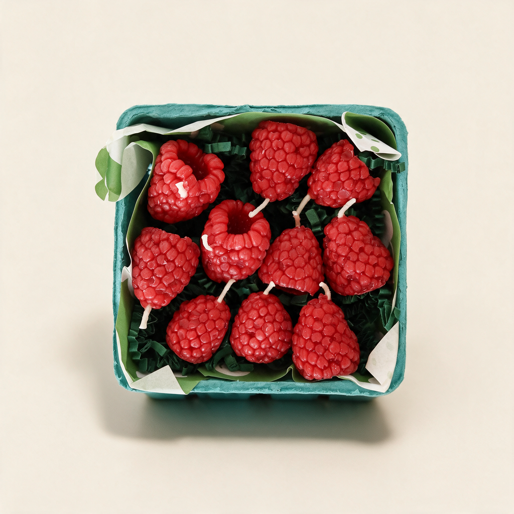 Set of ten raspberry-shaped beeswax candles in a berry basket on a cream background