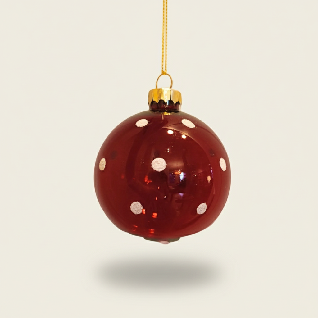 Red Christmas ornament with white polka dots on a beige background