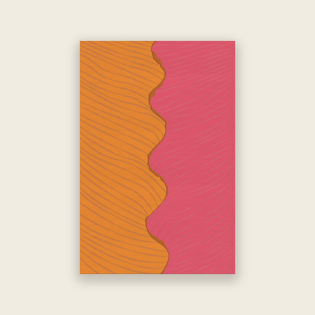 Ripple hand tufted rug in horizon, amber orange meeting rose pink in a wave pattern, shown flat