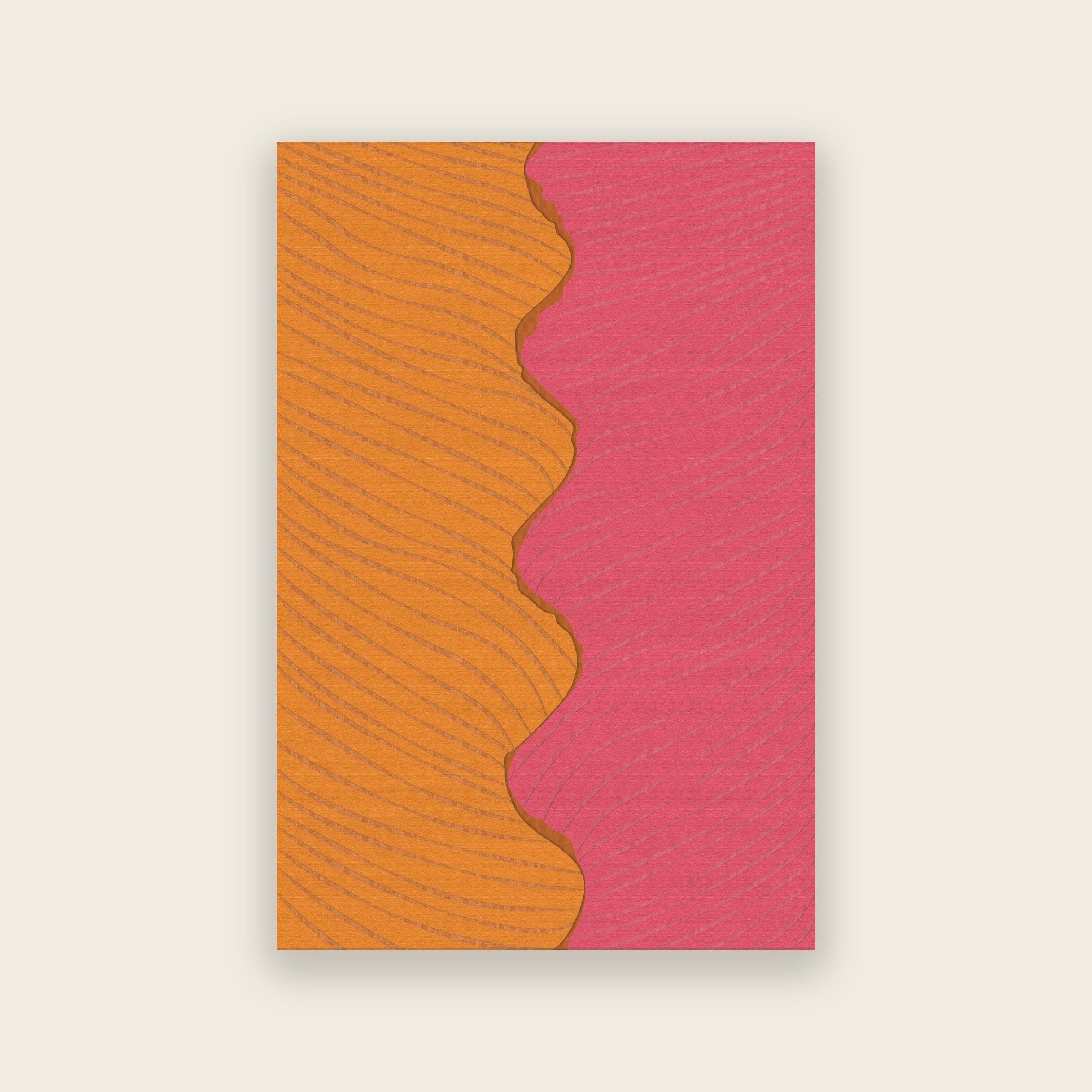 Ripple hand tufted rug in horizon, amber orange meeting rose pink in a wave pattern, shown flat