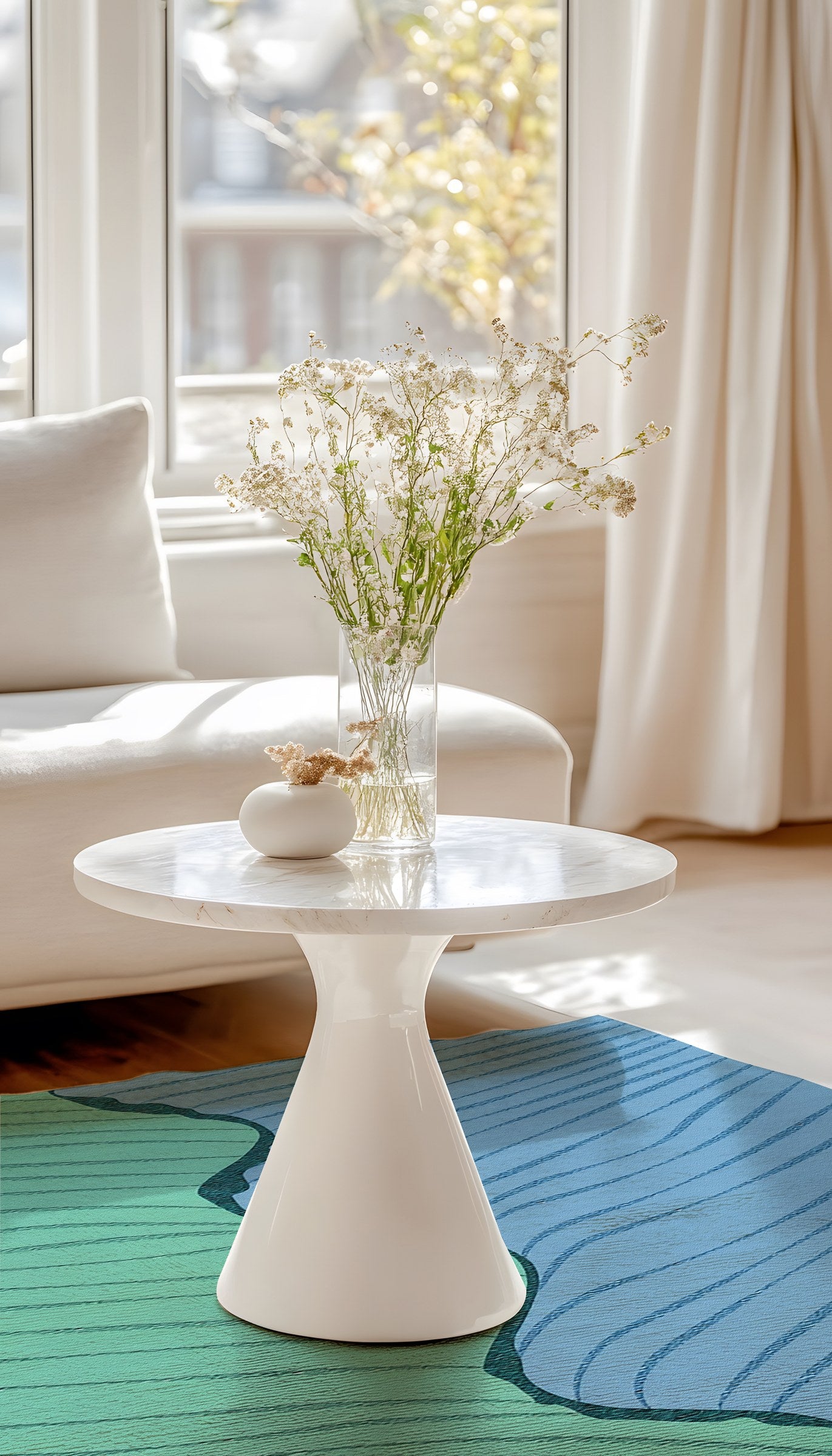 Ripple tide rug styled in a bright, pale living room