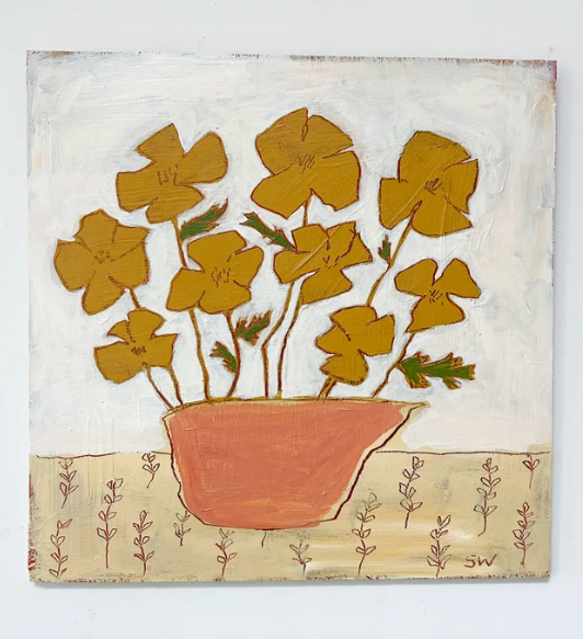 Artistic depiction of a pot with yellow flowers on a textured background