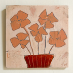 Artistic depiction of pink poppies in a pot on a textured beige background