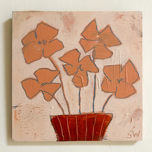 Artistic depiction of pink poppies in a pot on a textured beige background