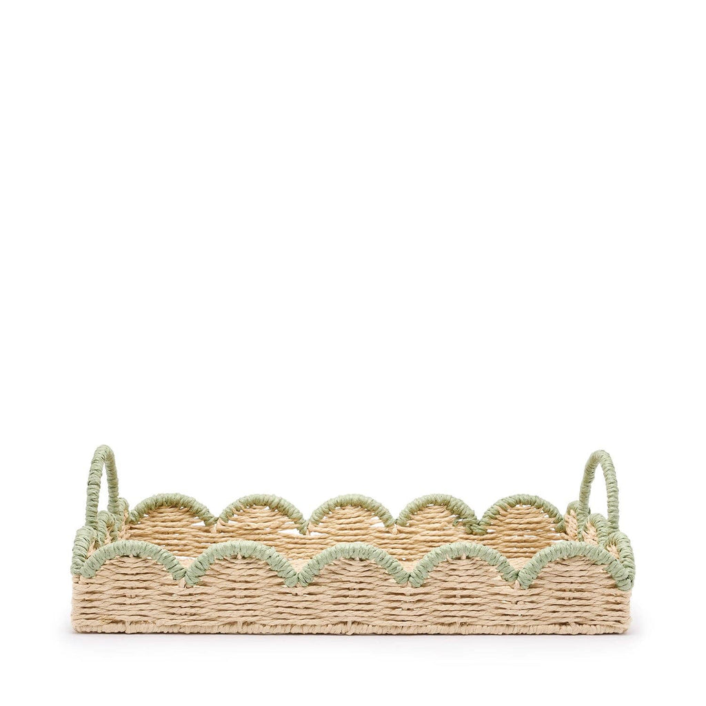 Handwoven scalloped green edge tray shown from above