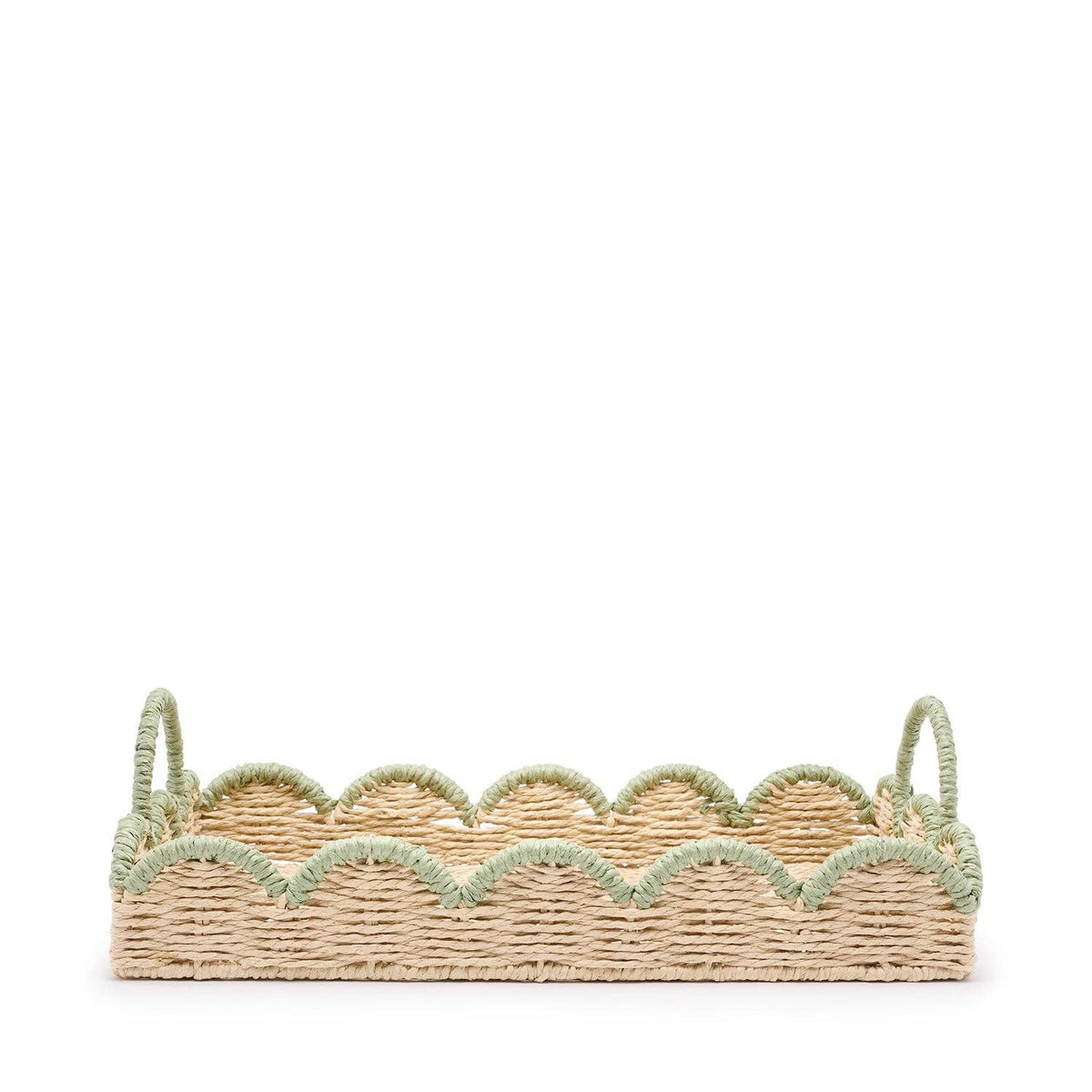 Handwoven scalloped green edge tray shown from above