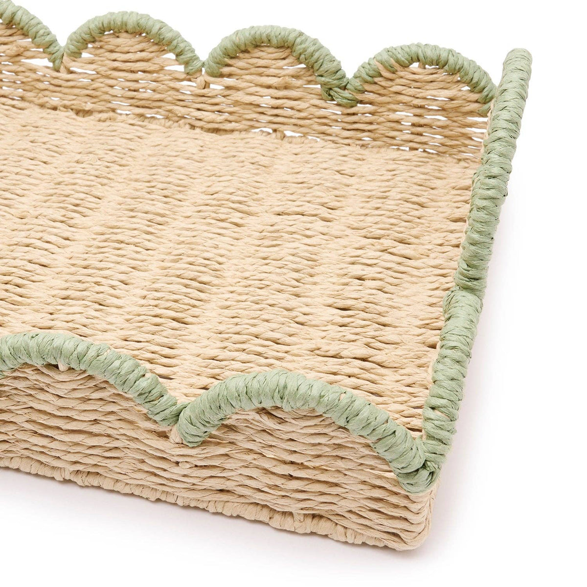 Handwoven scalloped green edge tray with its carrying handles
