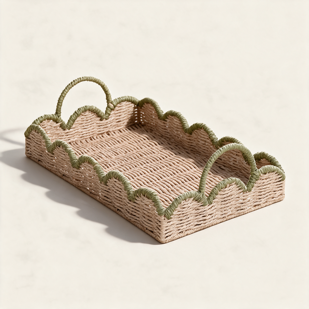 Handwoven tray with a scalloped soft green edge and handles, on a cream background
