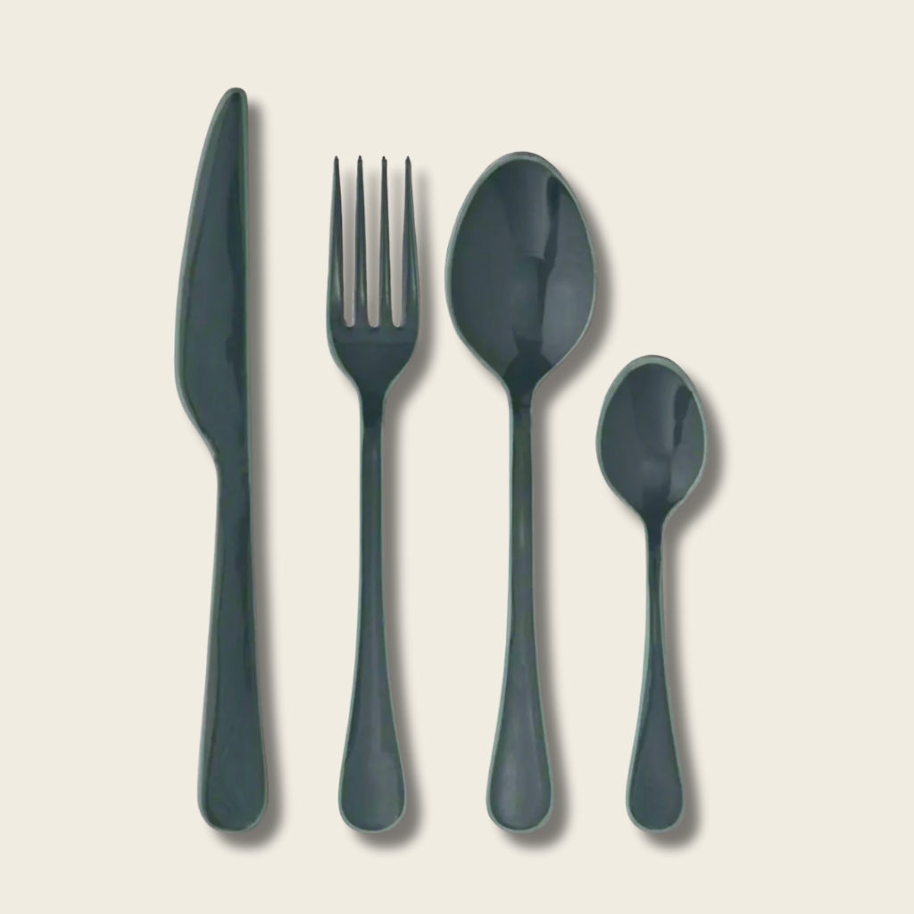 a set of blue and green enamel cutlery 