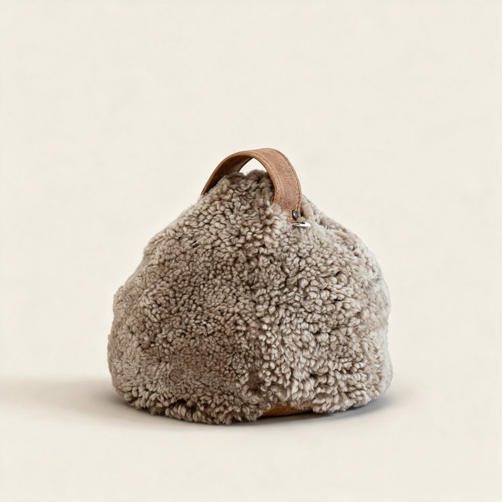 Brown cropped sheepskin door stop with a leather handle, on a cream background