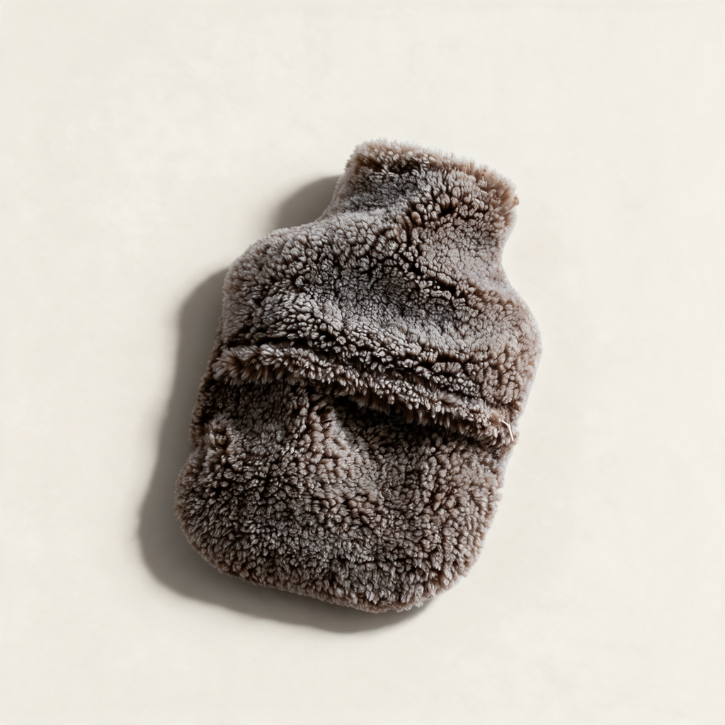 Brown teddy sheepskin hot water bottle cover, on a cream background
