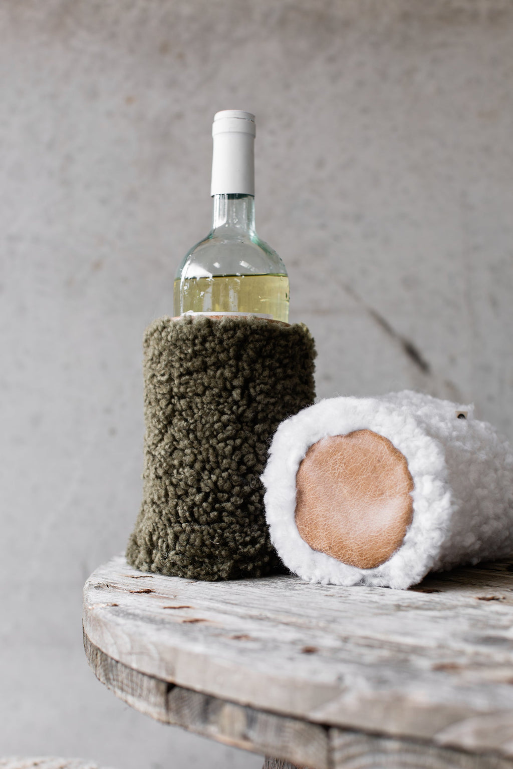 Close detail of the sheepskin and leather on the wine cooler