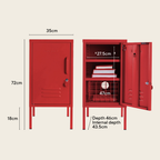Red locker with dimensions labeled on a beige background