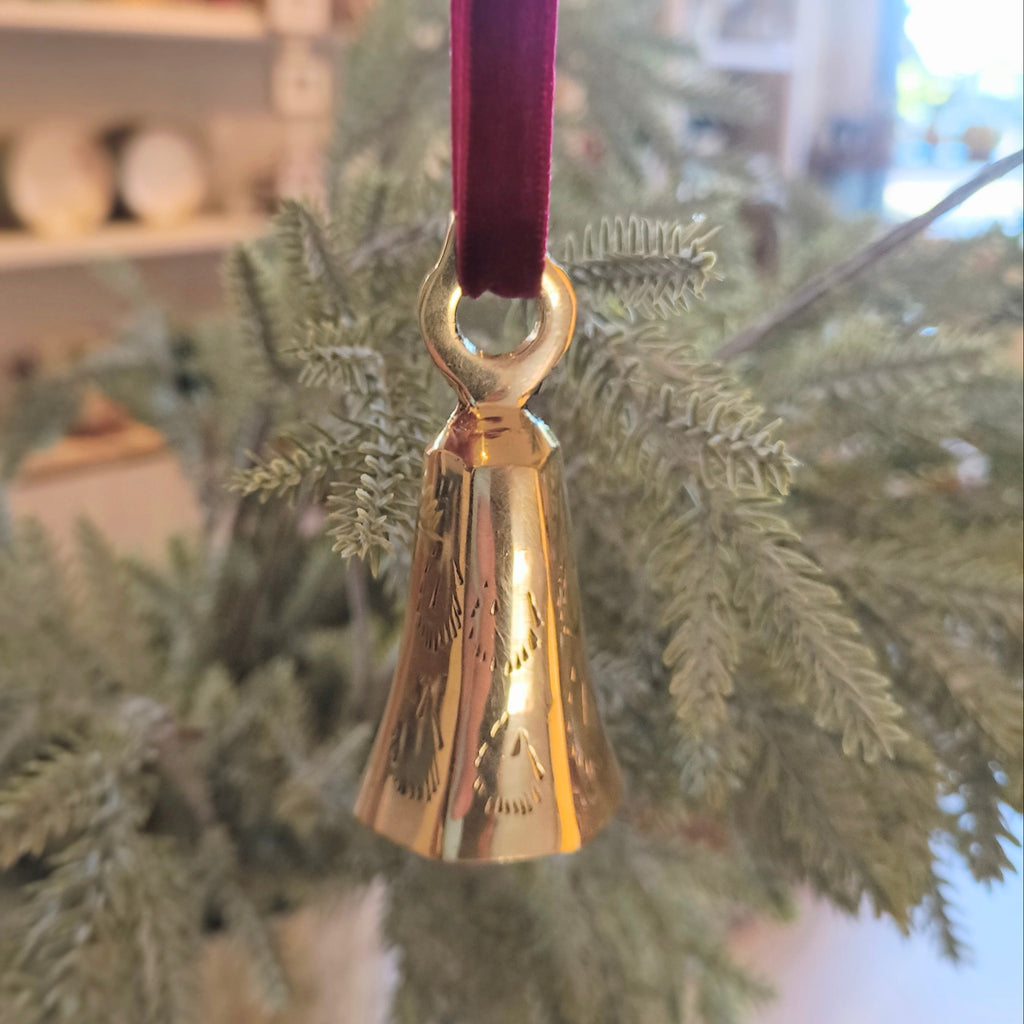Brass Slim Bell Ornament with Velvet Ribbon