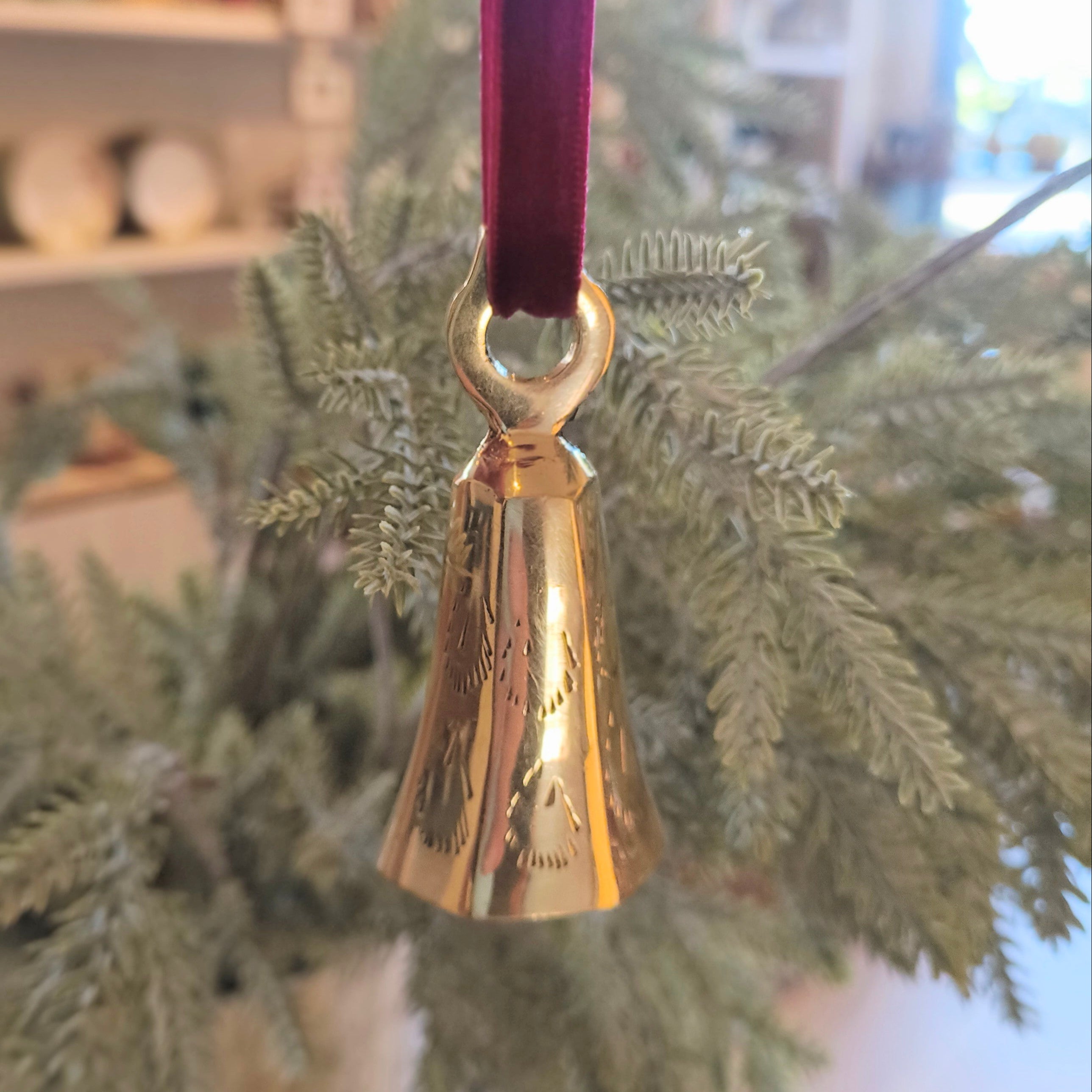 Brass Slim Bell Ornament with Velvet Ribbon
