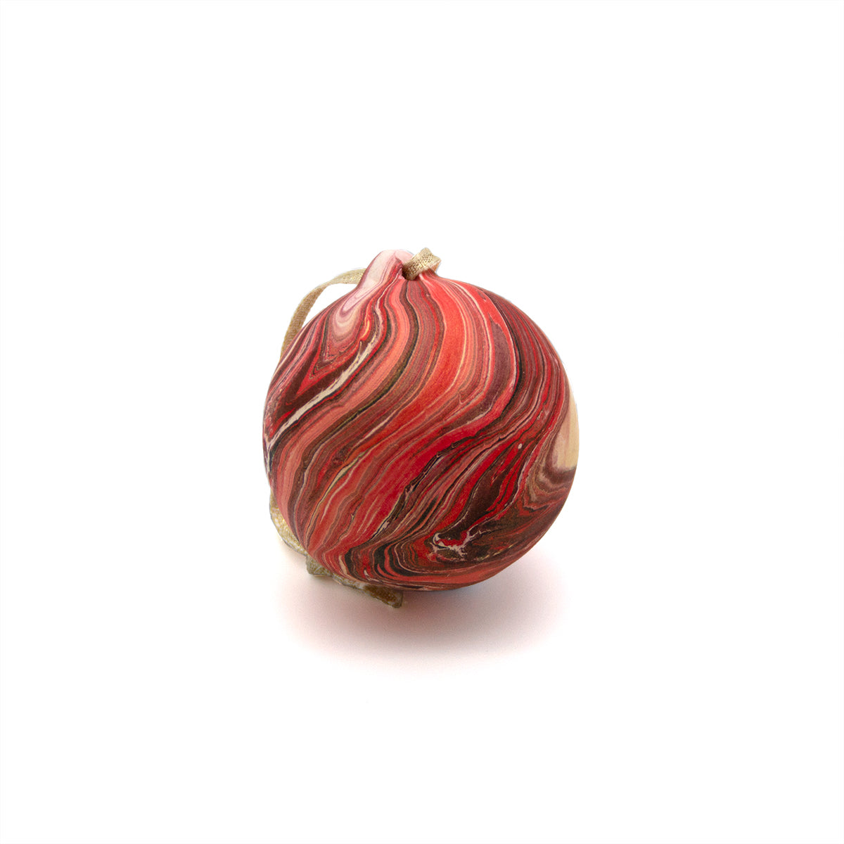 Decorative red and brown ball ornament on a white background