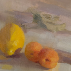 Still life painting of lemons and oranges on a table with a wooden frame.