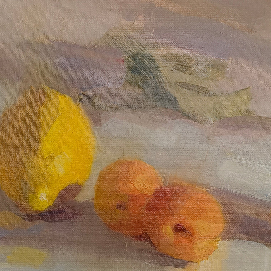 Still life painting of lemons and oranges on a table with a wooden frame.