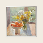 Framed painting of a still life with flowers and fruits on a table.