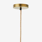Brass ceiling light fixture with a rope-like pendant on a white background