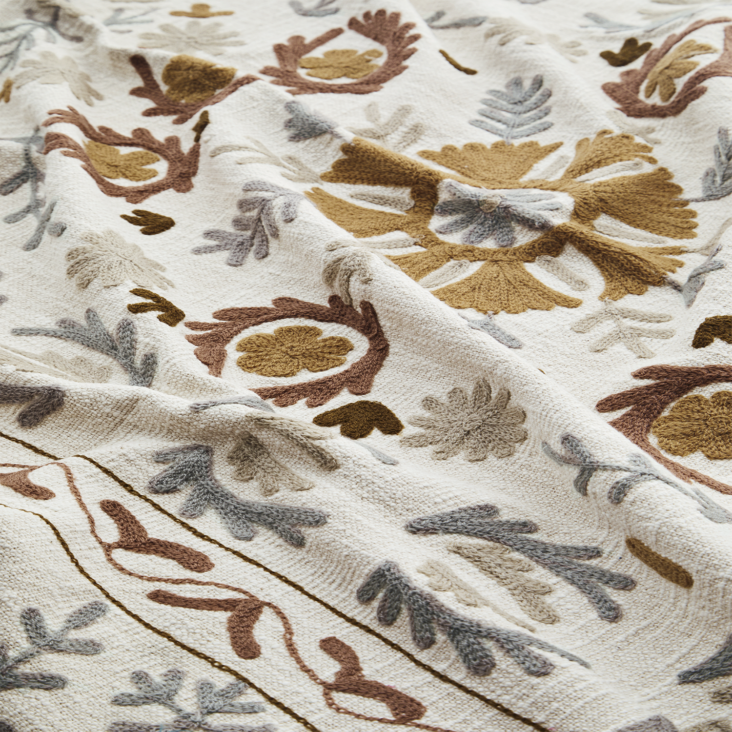 Detail of the suzani embroidered cotton throw showing the flower embroidery