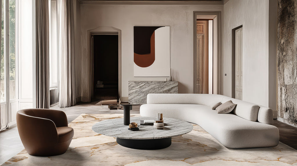 Terra marble rug styled in a bright, pale living room