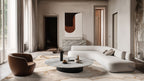 Terra marble rug styled in a bright, pale living room