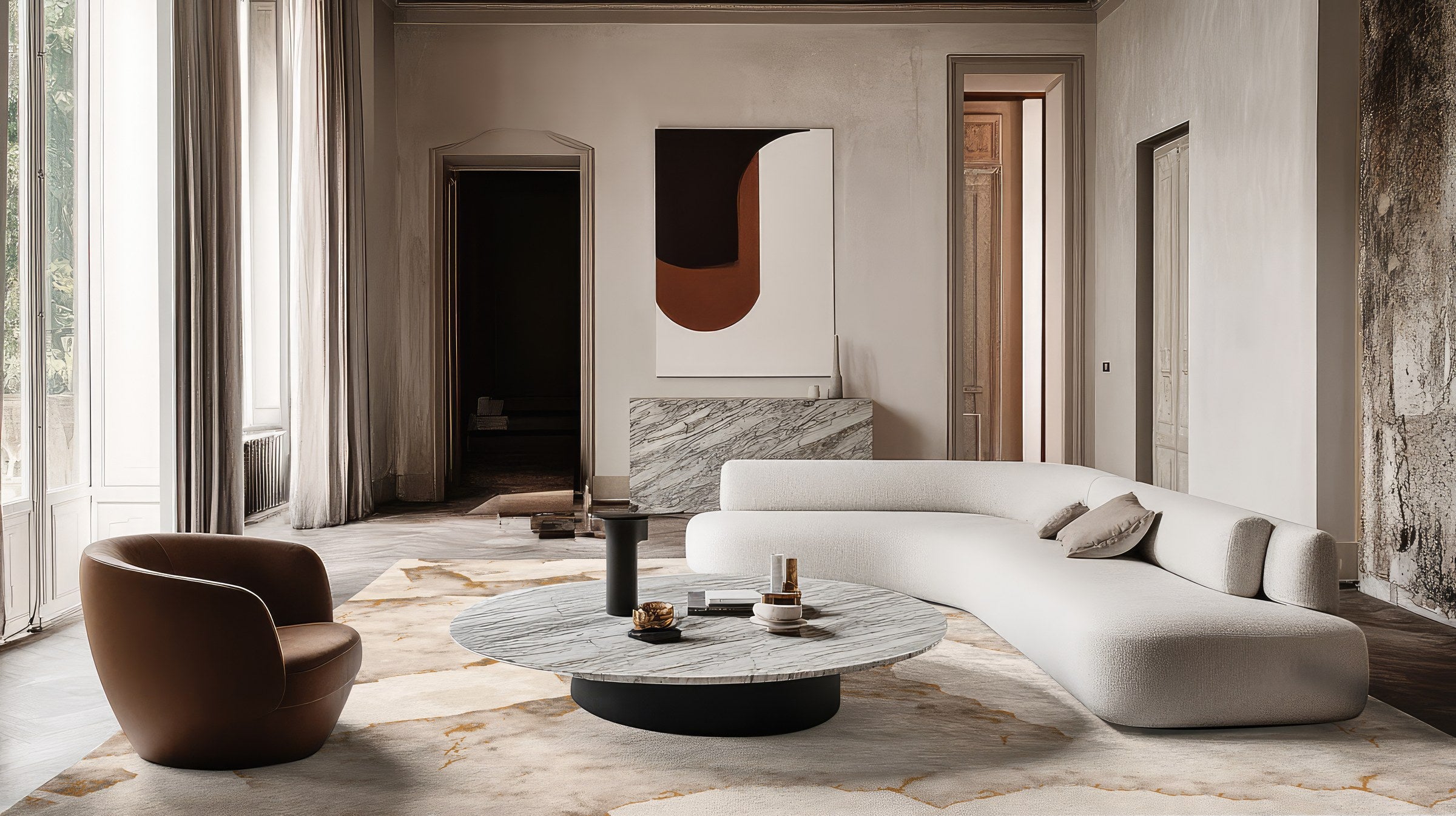 Terra marble rug styled in a bright, pale living room