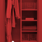 Red wardrobe with clothes and storage baskets
