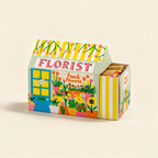 The Florist house-shaped matchbox by Archivist, illustrated florist shop with yellow striped roof and blue door, on a cream background