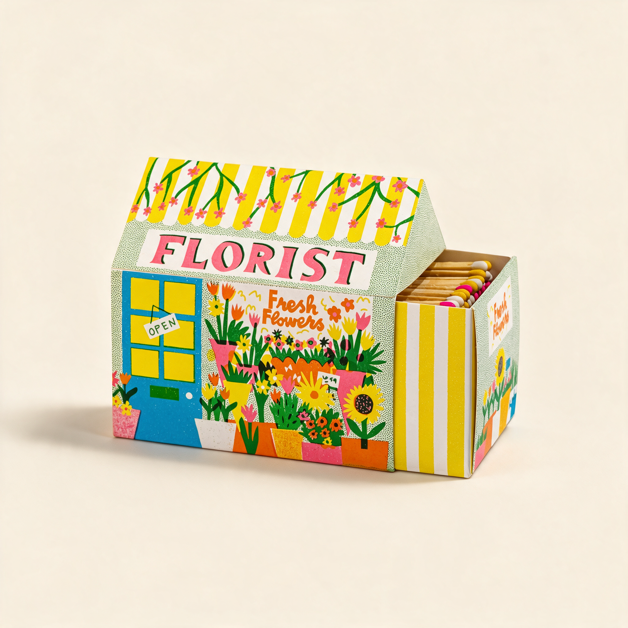 The Florist house-shaped matchbox by Archivist, illustrated florist shop with yellow striped roof and blue door, on a cream background