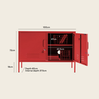 Red locker with dimensions labeled on a beige background