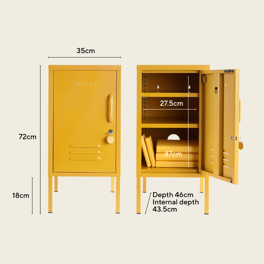 Yellow locker with dimensions labeled on a beige background