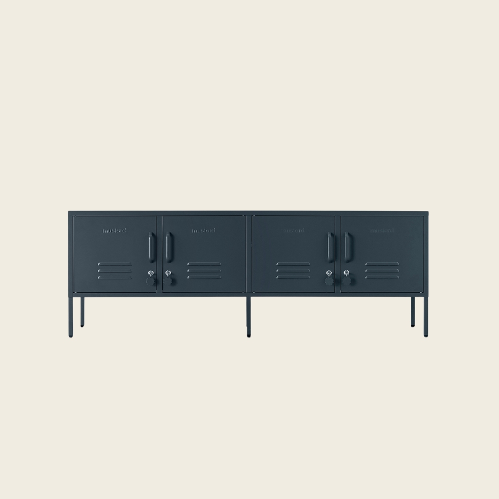 dark grey double locker side board on a beige background