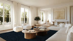 Trace mineral rug styled in a bright, pale living room