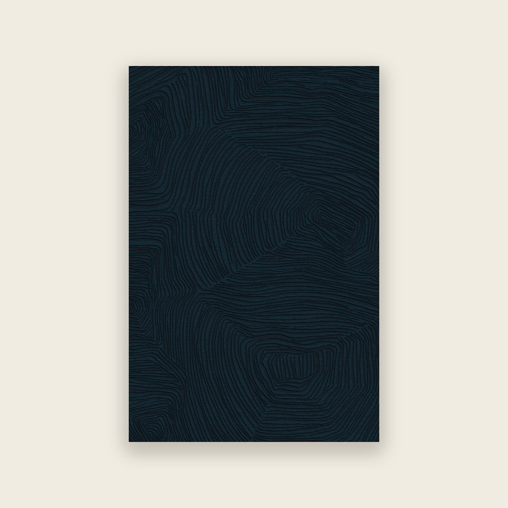 Trace hand tufted rug in mineral, fine tonal contour lines in deep dark teal, shown flat
