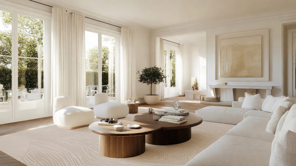 Trace oyster rug styled in a bright, pale living room