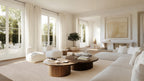 Trace oyster rug styled in a bright, pale living room