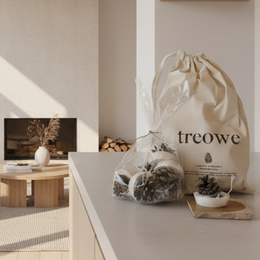 Product set with 'treowe' branded bag and items on a wooden surface against a brick wall.