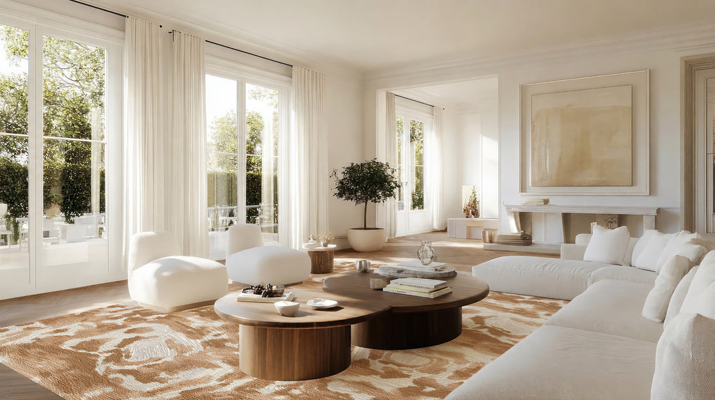 Trove blush rug styled in a bright, pale living room