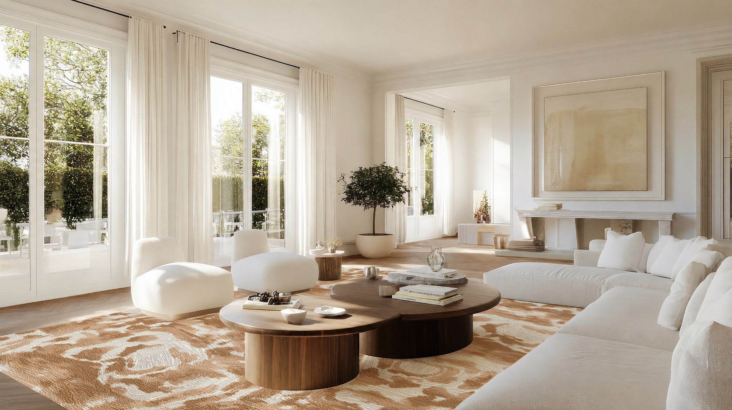 Trove blush rug styled in a bright, pale living room