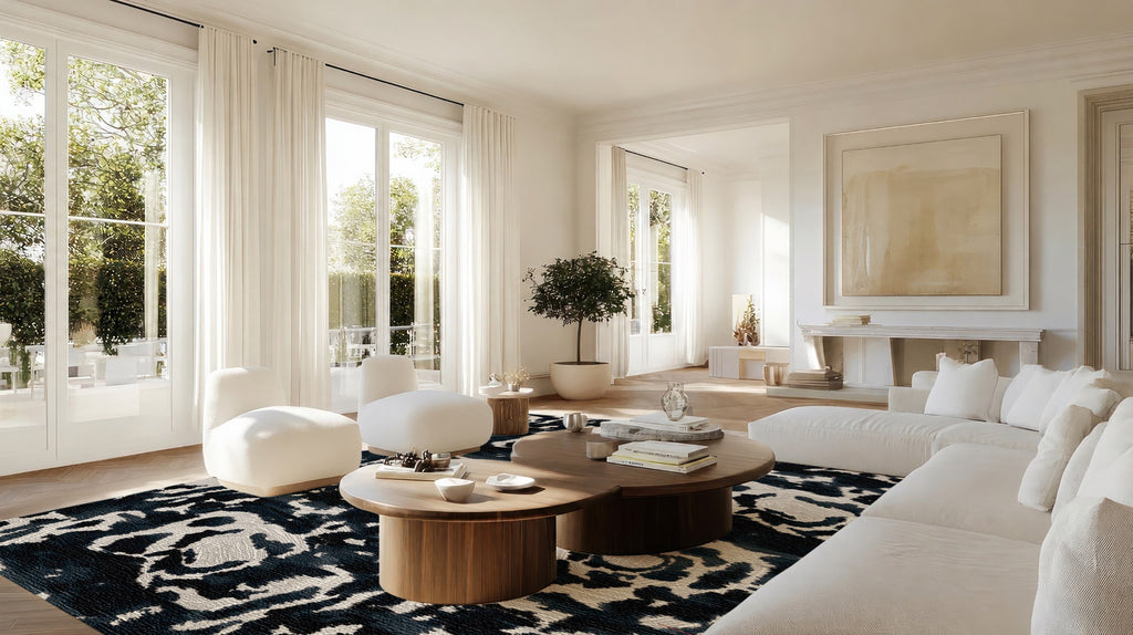Trove midnight rug styled in a bright, pale living room