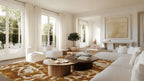 Trove amber rug styled in a bright living room with pale sofas and a wooden coffee table