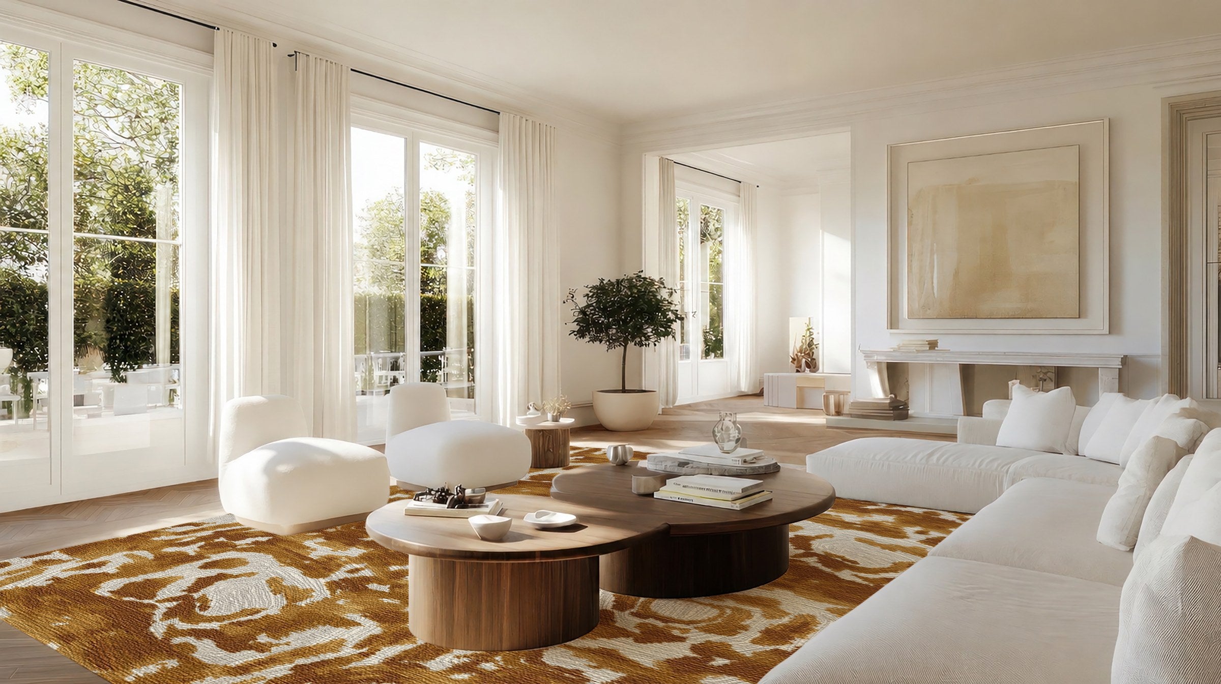 Trove amber rug styled in a bright living room with pale sofas and a wooden coffee table