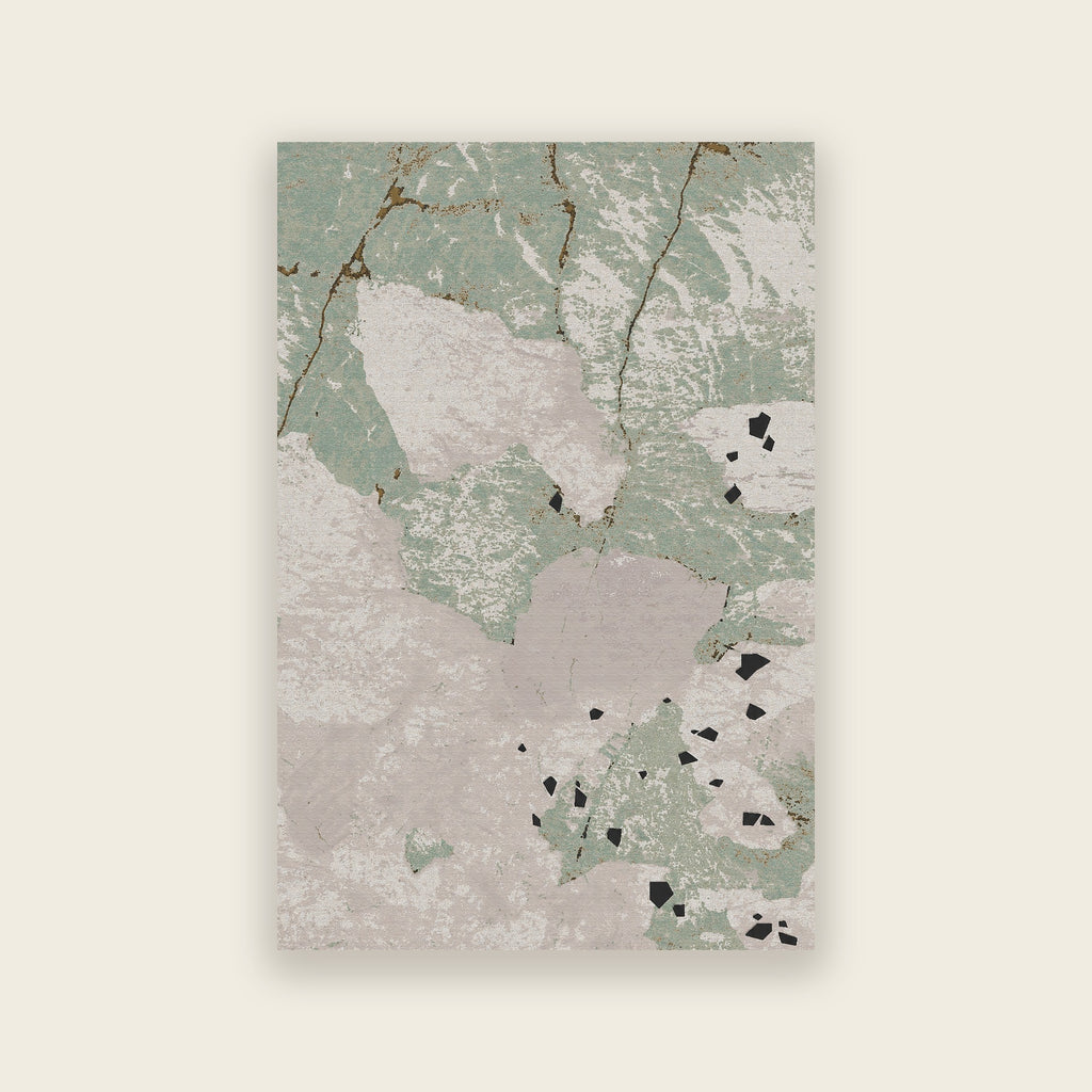 Tundra hand tufted rug in painterly sage green, greige and stone with gold veining, shown flat