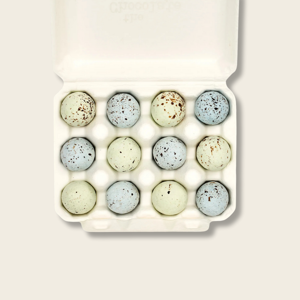 Assorted speckled eggs in a white egg carton on a light background