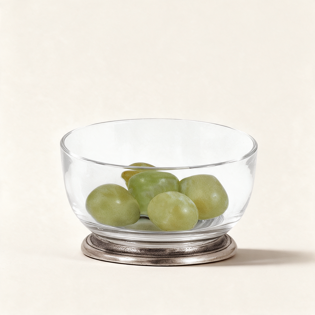 Velletri crystal glass and pewter bowl, 11cm, on a warm cream background