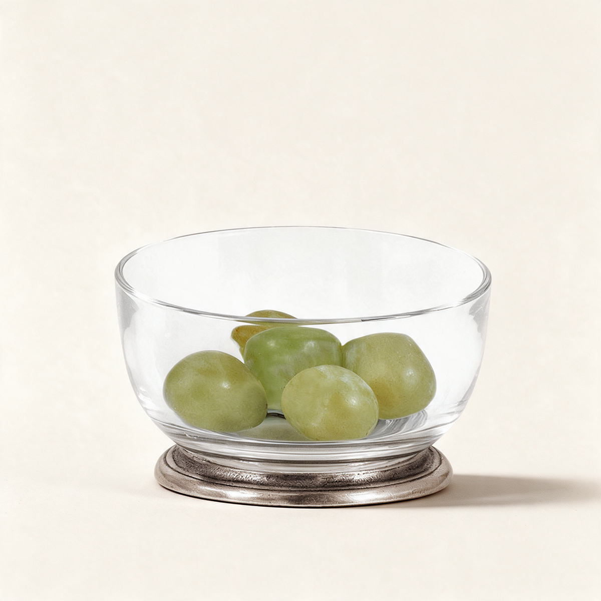Velletri crystal glass and pewter bowl, 11cm, on a warm cream background